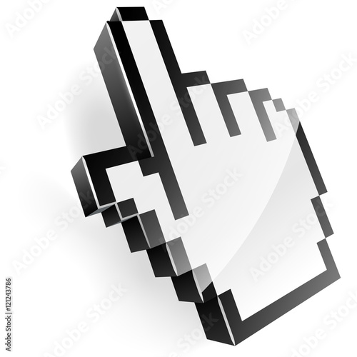 3D illustration of pixel hand pointer isolated on white backgrou