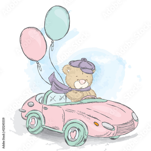 Cute teddy bear in a convertible. Vector illustration for a card or poster, print on clothes. Charming teddy bear in the car. Vintage.