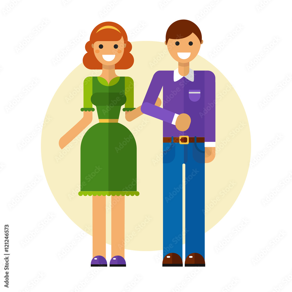 Flat design vector illustration of funny smiling couple in love. Happy young woman in pretty dress keeping man's hand in casual clothes. Dating and relationship concept. Flat design vector illustration of funny smiling couple in love. Happy young woman in pretty dress keeping man's hand in casual clothes. Dating and relationship concept.