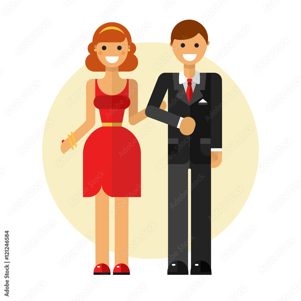 Flat design vector illustration of funny smiling couple in love. Happy young woman in pretty dress keeping man's hand in suit. Dating and relationship concept. 