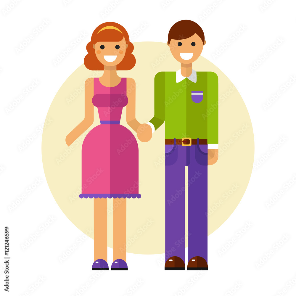 Flat design vector illustration of funny smiling couple in love. Happy young man in casual clothes and woman in pretty dress are holding hands. Dating and relationship concept.