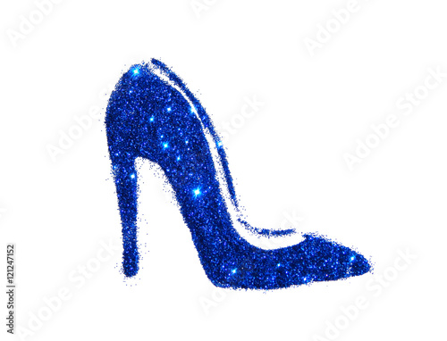 Tablou canvas High heel shoe of blue glitter sparkle on white background