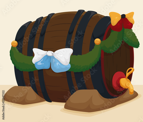 Traditional Beer Barrel with Festive Decoration for Oktoberfest, Vector Illustration