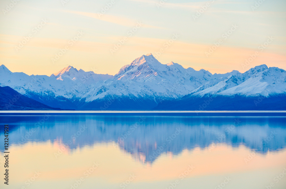 Sunset reflection at Mount Cook in New Zealand