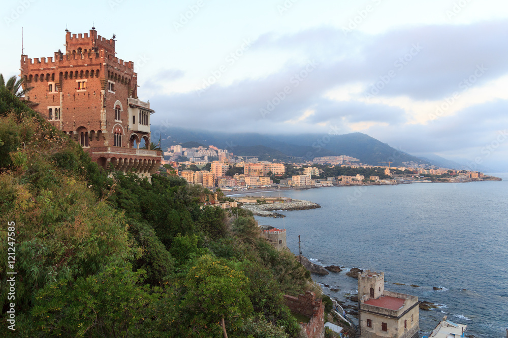 Panorama with Boccadasse castle, coast and Mediterranean Sea, Genoa, Italy