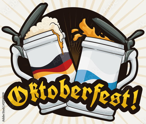 Poster with a Pair of Stein Celebrating Oktoberfest, Vector Illustration