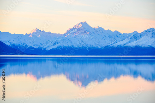 Sunset reflection at Mount Cook in New Zealand photo