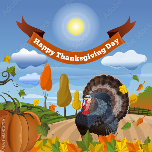 Vector illustration with pumpkin, fallen leaves  and turkey on the background of autumn rural landscape. Happy Thanksgiving Day