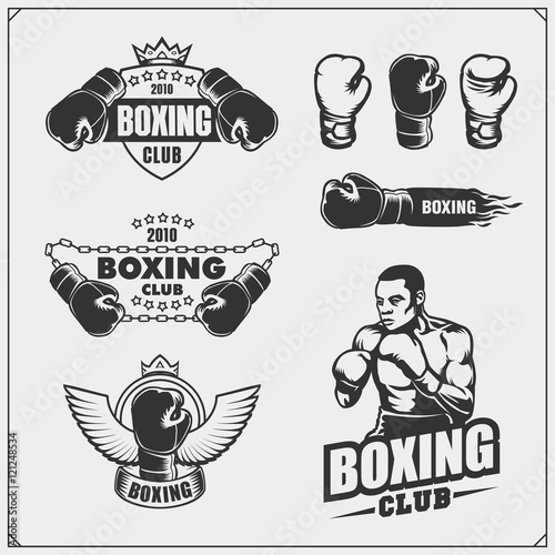 Set of boxing club labels, emblems, badges, icons and design elements. Vintage style. Monochrome illustration.