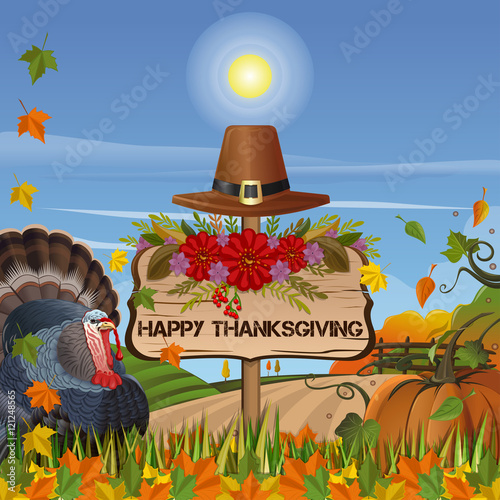 Happy Thanksgiving. Vector illustration with pumpkin, fallen leaves, turkey and pilgrim hat on the background of autumn rural landscape