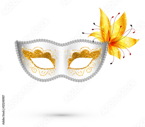 White vector carnival mask with yellow flower isolated on white