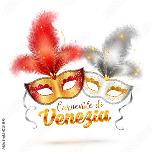 Carnevale di Venezia vector sign and two bright carnival masks with feathers