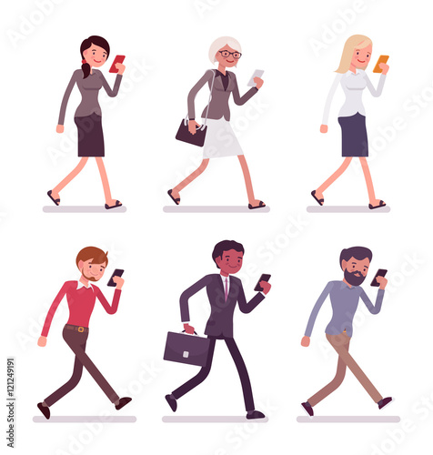 Set of men and women walking holding a phone. Cartoon vector flat-style illustration