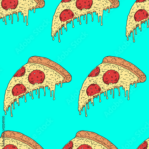 Vector hand drawn illustration melting slice of pizza pepperoni
