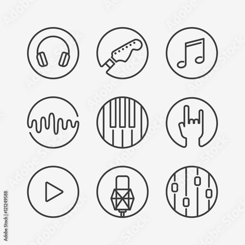 Collection of vector music or recording studio icons. Vector illustration of musical elements - guitar, horns, notes, mixer, piano, microphone, headphones, sound wave, equalizer