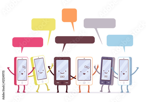 Group of happy smartphones, speech bubbles above. Cartoon vector flat-style concept illustration