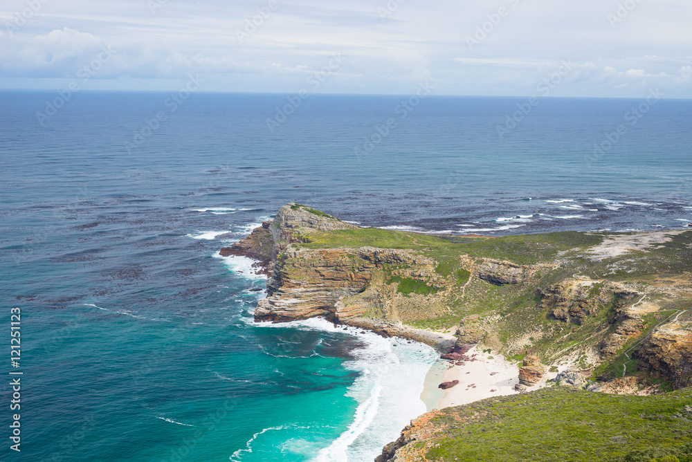 Cape of Good Hope and Dias Beach, viewed from Cape Point, among the most scenic travel destination in South Africa. Table Mountain National Park, Cape Peninsula.