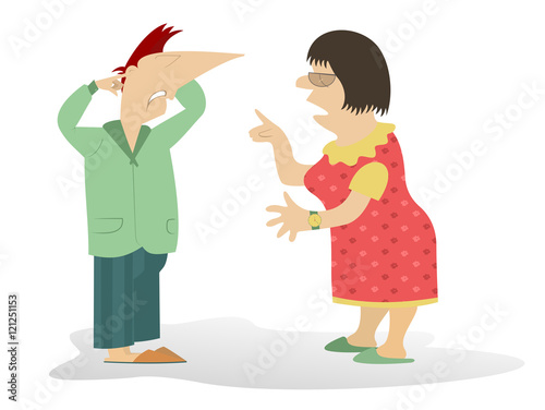 Quarrel. Woman scolds the man who closes his ears by fingers
