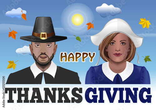Thanksgiving Couple. Vector illustration for Thanksgiving with man and woman dressed as pilgrims against the sky and the falling of autumn leaves