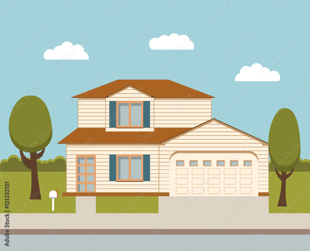   The flat picture with the image of the house with the garage and trees standing at the road.suburban  house.country house. country cottage 