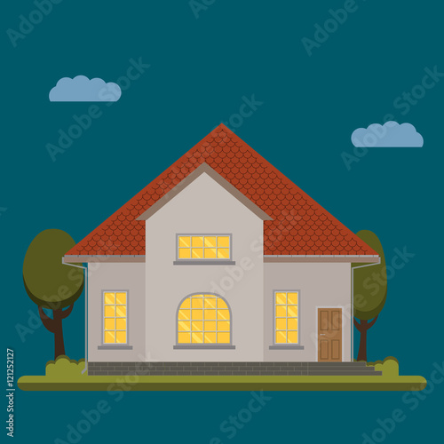 Vector a flat country house with trees.  The flat picture with the image of the house with the garage and trees.suburban  house.country house. country cottage  © dukesn