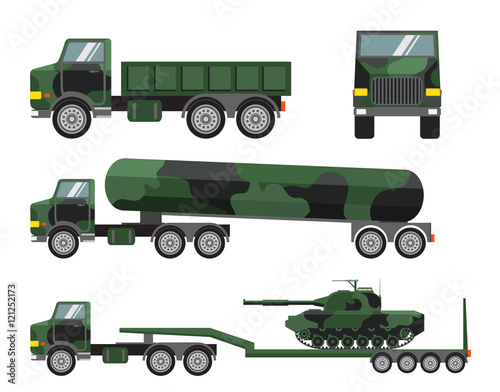 Set a vector of flat military trucks, a fuel truck, the tractor for transportation and delivery of tanks. Front view. Design elements for the historical websites, children's goods, toys and games.