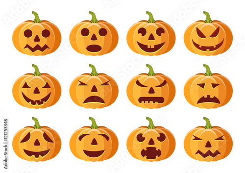 set of isolated pumpkins on white background.