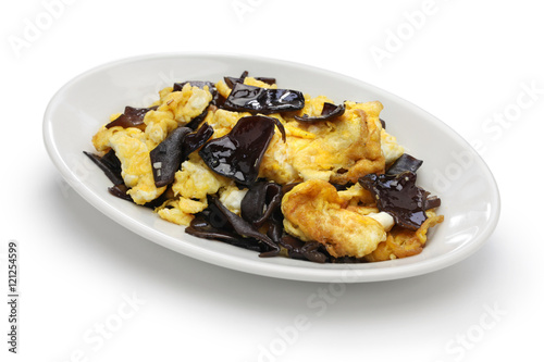 stir fried eggs with wood ear mushrooms, chinese cuisine