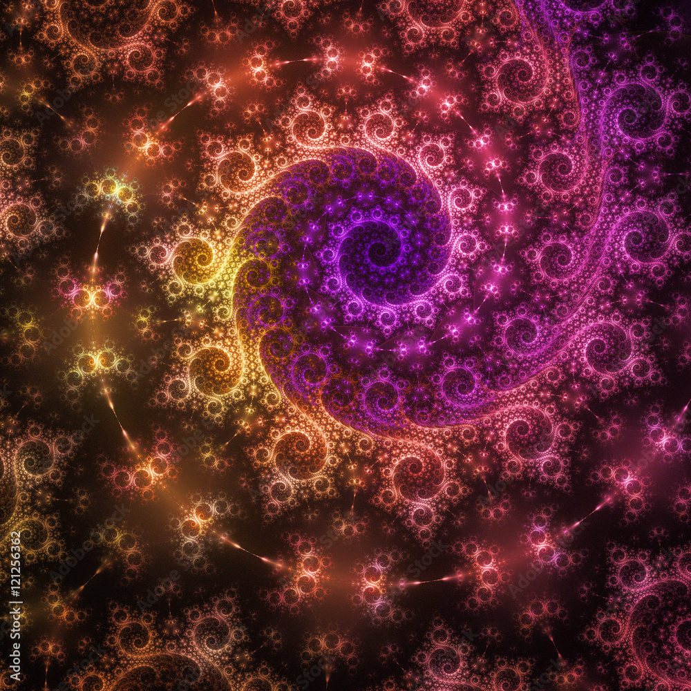 Abstract fantasy glowing spiral on black background. Computer-generated fractal in rose. violet, yellow and orange colors.