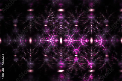 Blurred reflections. Abstract fantasy ornament on black background. Symmetrical pattern. Computer-generated fractal in rose and white colors.