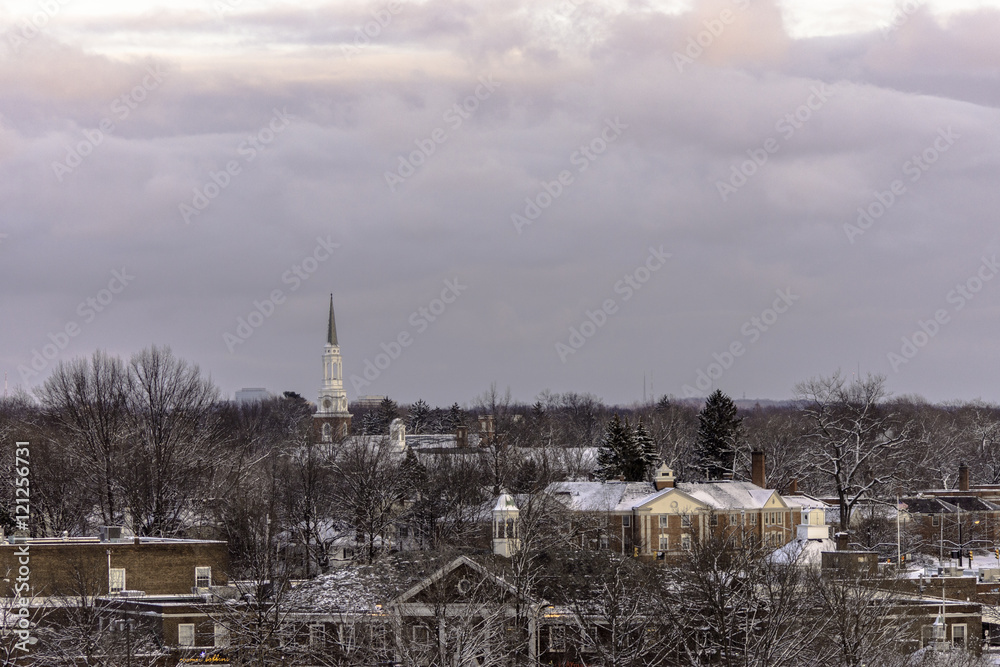 Cleveland winter evening with steeple in the background Cleveland winter evening with steeple in the background