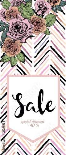Vector flyer for great sale. Rose gold flowers and chevron modern brush spot ...