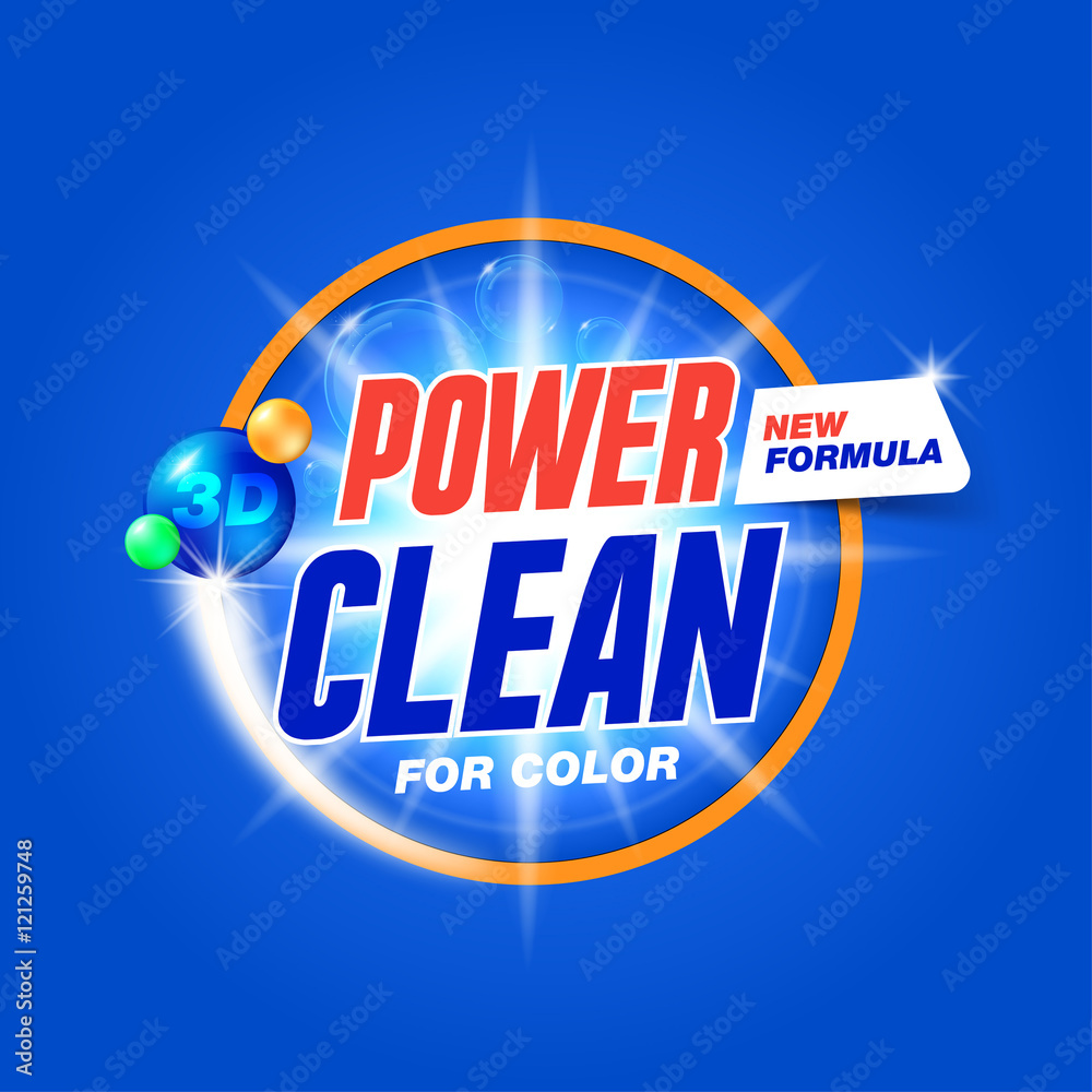 Power clean. Template for laundry detergent. Package design for Washing Powder & Liquid Detergents. Stock vector