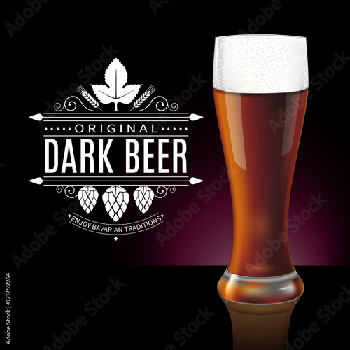 Vintage label design and glass of traditional dark beer. Realistic vector illustration