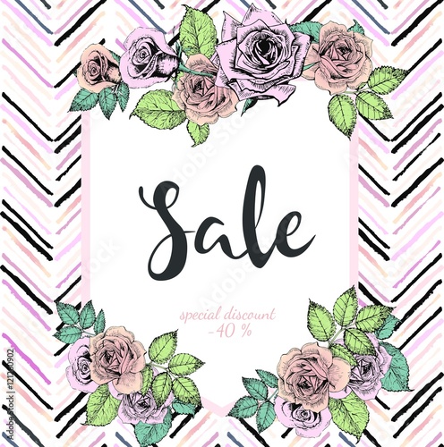 Vector banner for great sale. Rose gold flowers and chevron modern brush spot...