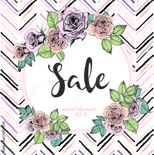 Vector banner for great sale. Rose gold flowers and chevron modern brush spot...