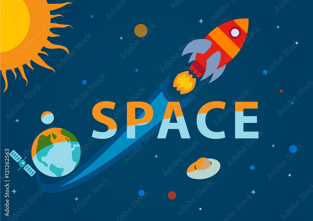 Vector illustration rocket moving in space, start up concept, word design.
