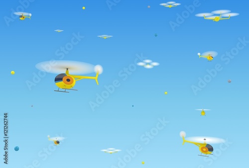 Abstract background with helicopters and quadrocopters against the clear sky. 3d illustration