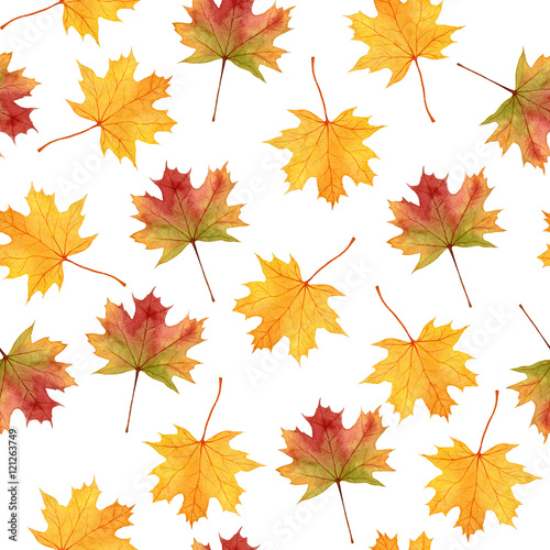 Autumn leaves seamless pattern, watercolor hand drawn elements, artwork for textile