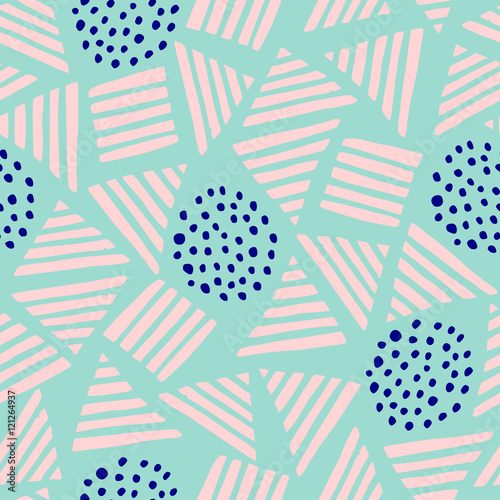 Abstract seamless pattern with geometric shapes in pastel pink and blue. 