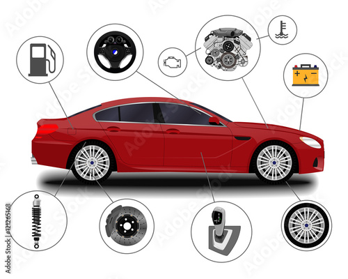Car system. spare parts. realistic car. sedan