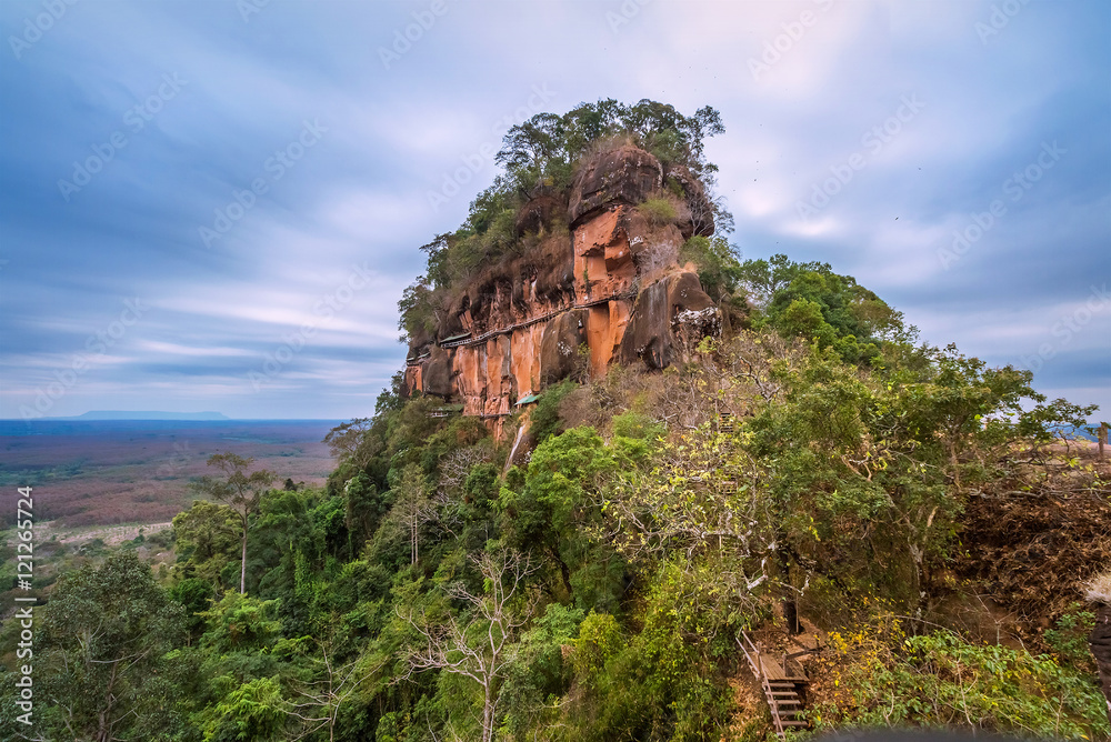 Hiking trails with wooden trail round of the 7 floors mountain at Phu tok mountain or Wat Jetiyakiree Viharn Temple in Bueng Kan Province, Unseen in thailand and amazing thailand,.