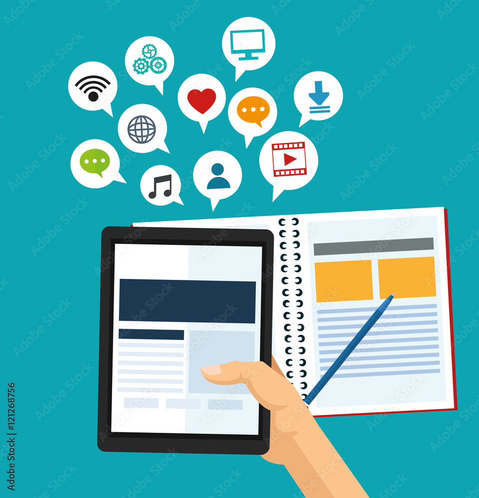 Tablet notebook and media icon set. Social media and network theme. Colorful design. Vector illustration Tablet notebook and media icon set. Social media and network theme. Colorful design. Vector illustration