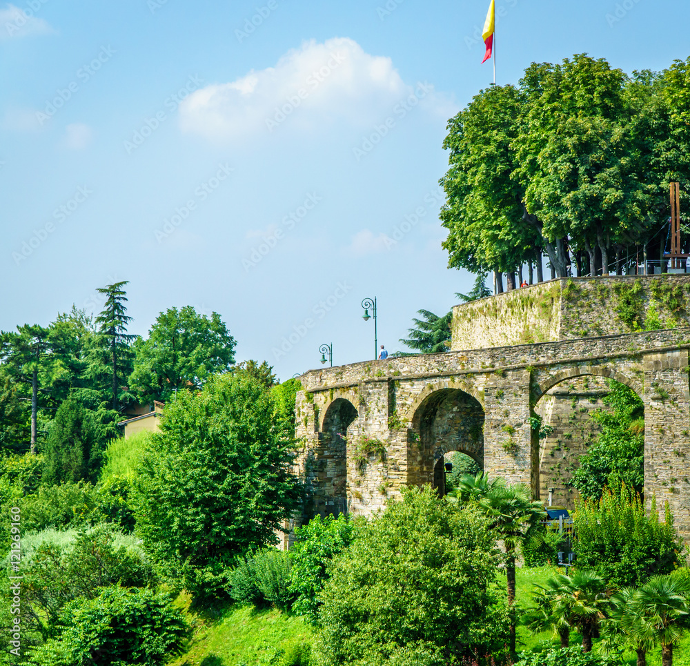 Medieval bridge to enter in the high city Bergamo Italy