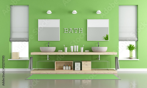 Green and gray contemporary bathroom with washbasins © archideaphoto