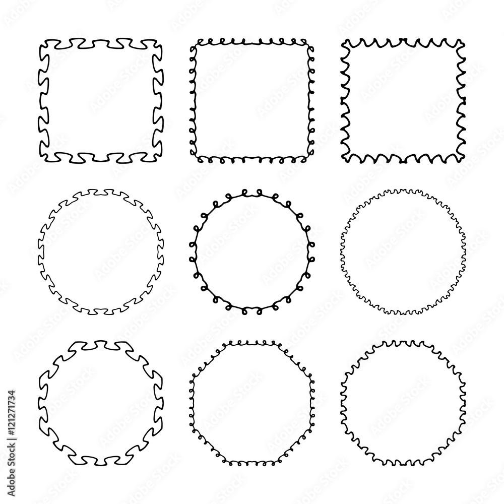 Set of hand drawn, doodle decorative frames and borders. Mono line design templates, isolated on white background Set of hand drawn, doodle decorative frames and borders. Mono line design templates, isolated on white background