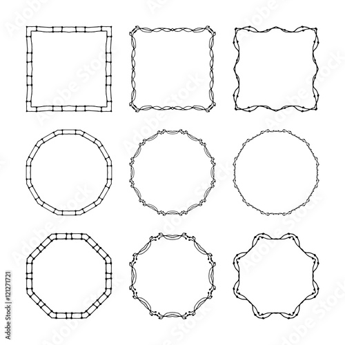 Set of hand drawn, doodle decorative frames and borders. Mono line design templates, isolated on white background