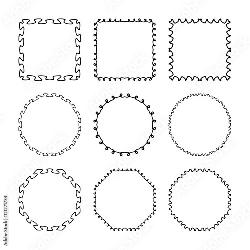 Set of hand drawn, doodle decorative frames and borders. Mono line design templates, isolated on white background