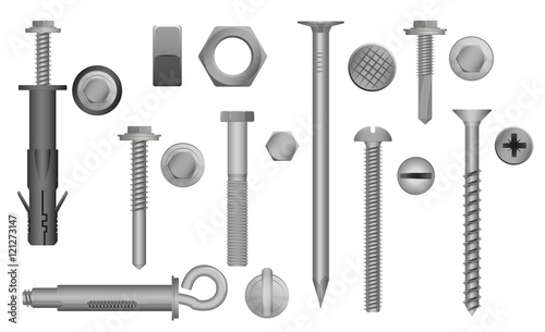 Construction Hardware set. Bolts, Screws, Nuts and Rivets. vector illustration of Metal fix gear elements.