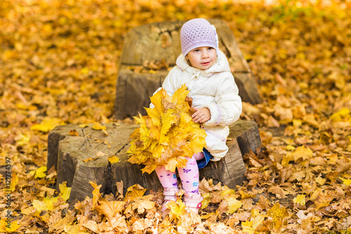 Cute baby girl in the autumn forest